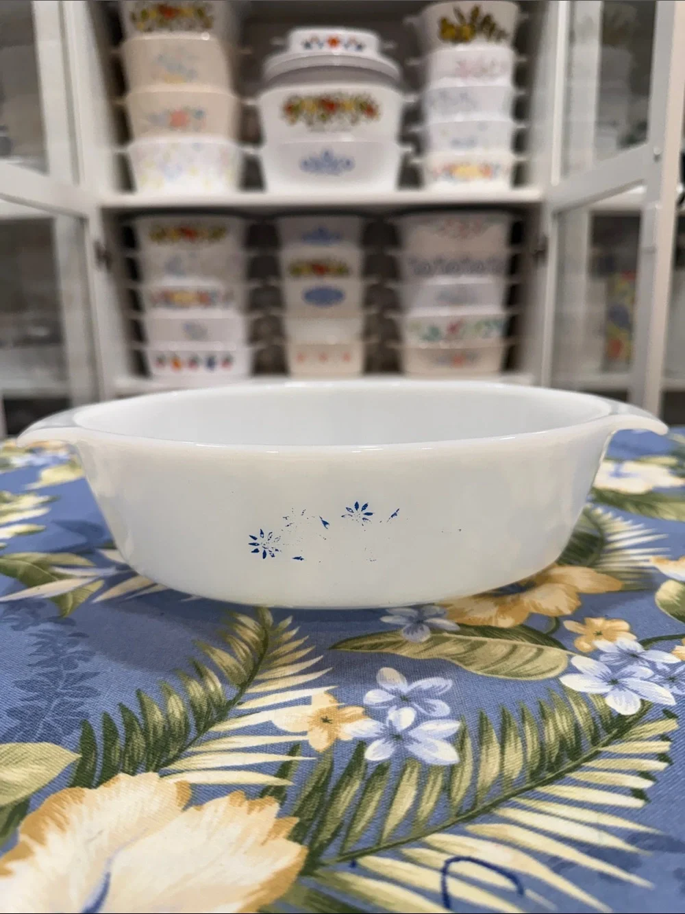 Fire King White Casserole Dish with Blue Floral Detail